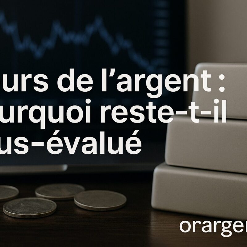 Lingots d'argent réalistes empilés sur des graphiques financiers, avec le texte "Cours de l'argent : pourquoi reste-t-il sous-évalué" et le logo orargent.ch.