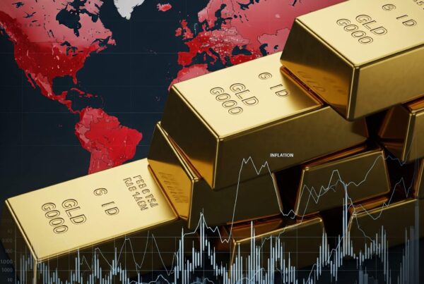 Trois lingots d’or sur fond de graphique illustrant l’évolution du marché mondial de l’or en 2024