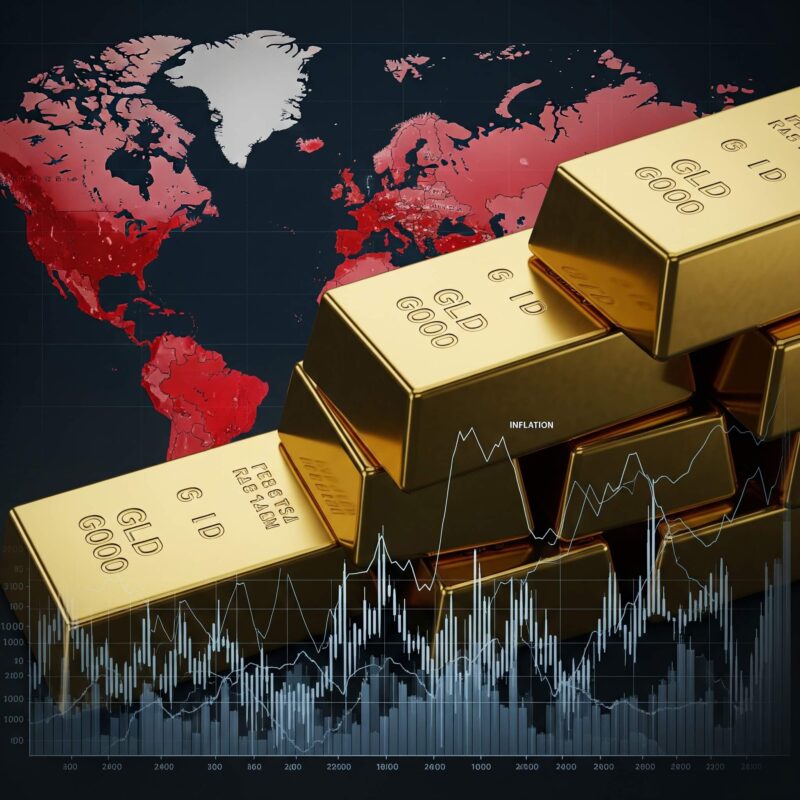 "Lingots d'or superposés à un graphique financier ascendant et une carte du monde, illustrant l'achat d'or record et l'impact de l'inflation en 2024.