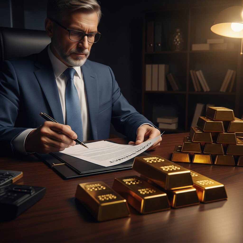 Homme assis à son bureau consultant un contrat de vente, avec plusieurs lingots d’or devant lui — illustration d’une décision d’investir dans l’or.