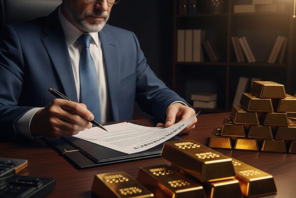 Homme assis à son bureau consultant un contrat de vente, avec plusieurs lingots d’or devant lui — illustration d’une décision d’investir dans l’or.