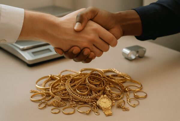 Poignée de main concluant une opération d’achat d’or avec des bijoux en or et outils de bijoutier sur un comptoir professionnel