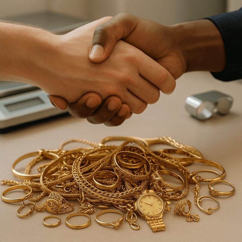 Poignée de main concluant une opération d’achat d’or avec des bijoux en or et outils de bijoutier sur un comptoir professionnel