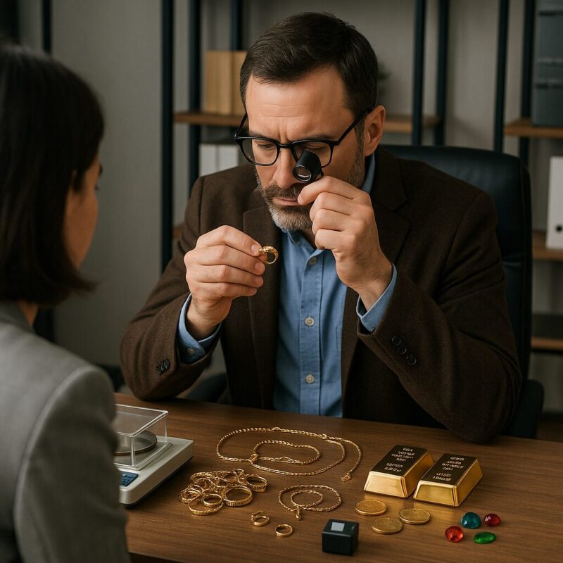 Estimation bijoux Lausanne : un expert en métaux précieux évalue une bague en or avec une loupe, entouré de bijoux, pièces anciennes, lingots et pierres précieuses.
