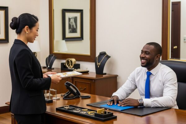 Femme apportant des bijoux en or, lingots et pièces à un expert pour vendre de l'or.